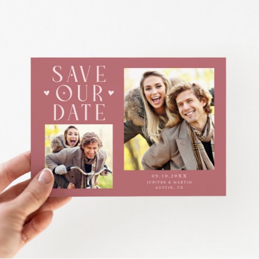 Save The Date Cœurs Mignons 2-Photos Mariage Rose