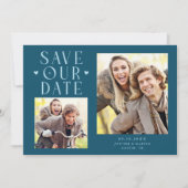 Save The Date Cœurs Mignons 2-Photos Mariage Turquoise (Devant)