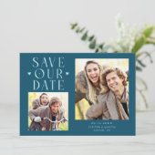 Save The Date Cœurs Mignons 2-Photos Mariage Turquoise (Debout devant)