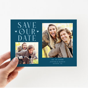 Save The Date Cœurs Mignons 2-Photos Mariage Turquoise