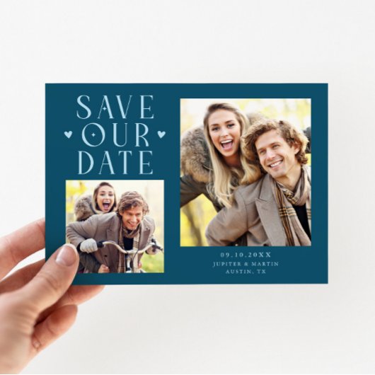 Save The Date Cœurs Mignons 2-Photos Mariage Turquoise