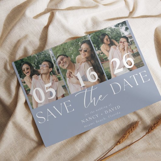 Save The Date Collage de 3 photos moderne Mariage Bleu Poussiére