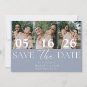 Save The Date Collage de 3 photos moderne Mariage Bleu Poussiére (Devant)