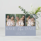 Save The Date Collage de 3 photos moderne Mariage Bleu Poussiére (Debout devant)