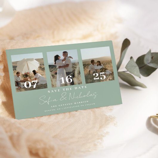 Save The Date Collage de mariage écriture moderne Vert sauge