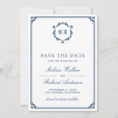 Save The Date Collage de photos avec code QR Monogramme Bleu mar (Devant)