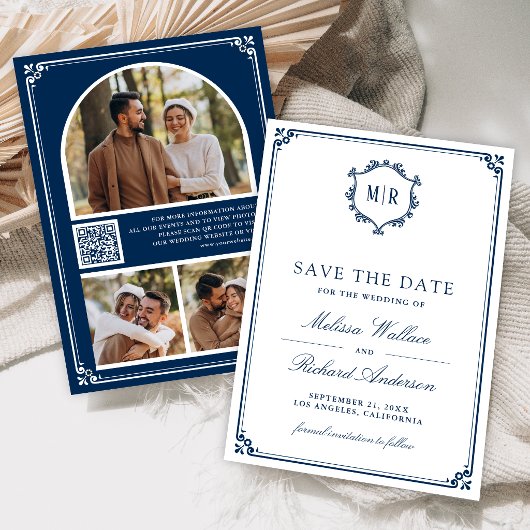 Save The Date Collage de photos avec code QR Monogramme Bleu mar