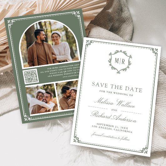 Save The Date Collage de photos de code QR Monogramme Vert sauge