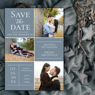 Save The Date Collage de trois photos moderne Dusty Blue