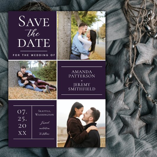 Save The Date Collage de trois photos moderne | Pourpre