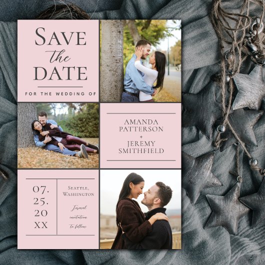Save The Date Collage de trois photos moderne | Rose Enregistrer