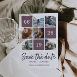 Save The Date Collage grille | Photo Enregistrer la date<br><div class="desc">Annoncez vos nouveautés avec ces chic enregistrer les cartes de dattes dans une palette de couleurs spectaculaires de vin de prune luxuriante et de bleu nuit profond. Les cartes comportent six de vos photos de carré préférées et votre date de mariage dans une mise en page quadrillée, avec "Enregistrer la...</div>