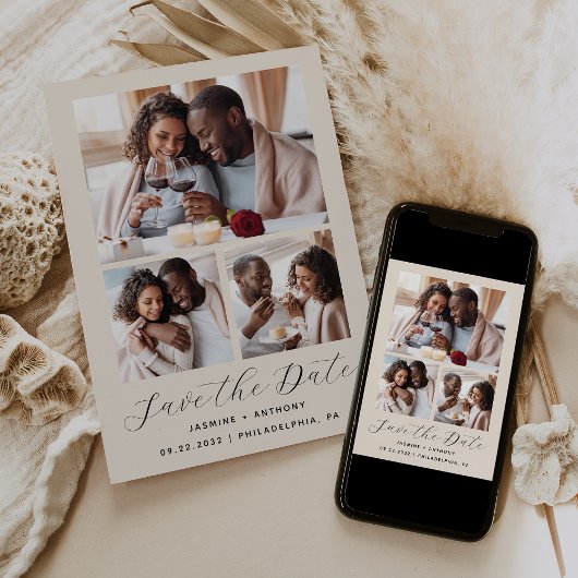 Save The Date Collage minimal de 3 photos en beige
