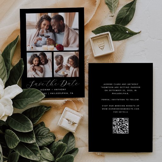 Save The Date Collage minimal de 3 photos QR Code noir et blanc