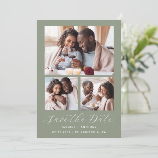 Save The Date Collage minimal de 3 photos QR Code Sage Green (Debout devant)