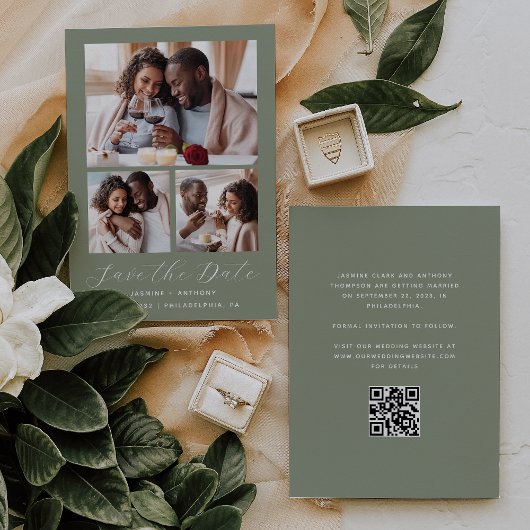 Save The Date Collage minimal de 3 photos QR Code Sage Green