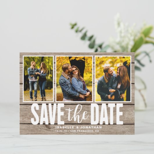 Save The Date Collage photo en bois clair rustique (Debout devant)