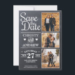 Save The Date Collage photo rustique Chalkboard<br><div class="desc">Rustique enregistrez la carte de date avec un arrière - plan de tableau noir et des lampes à cordes qui comportent 3 photos de votre choix.</div>