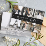 Save The Date Collection photo moderne Enregistrer la date Noir<br><div class="desc">Choisissez les meilleures photos de votre séance photo fiançailles ou vos photos préférées de vous deux pour cette parfaite enregistrer la date. Les mots sauvegardent la date sont écrits à la main pour donner une impression personnelle à la carte. L'avant a 6 images et l'arrière a une grande image avec...</div>