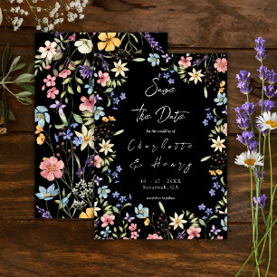Save The Date Coloré Rustique Botanique Fleur sauvage Noir