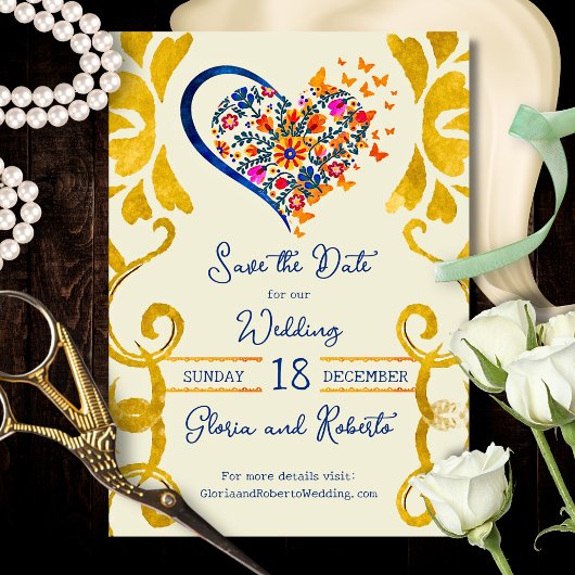 Save The Date Colorful Floral Heart Baroque Mexican Wedding