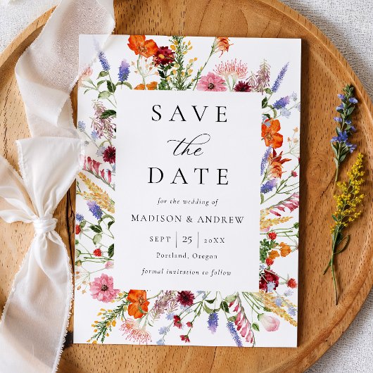 Save The Date Colorful Watercolor Wildflowers Wedding