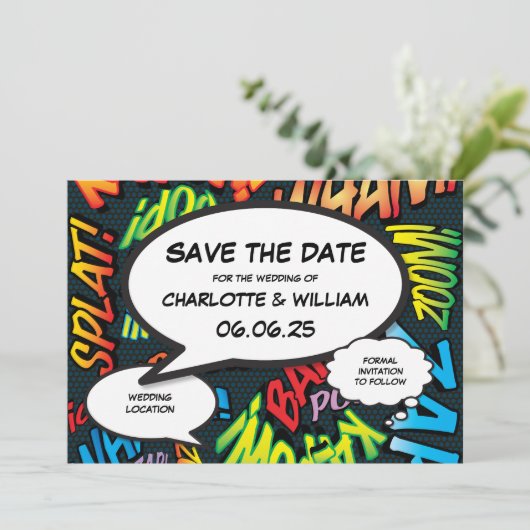 Save The Date Comic Book Modern Fun Mariage Enregistrer La Date (Debout devant)