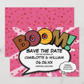Save The Date Comique moderne amusant livre BOOM Pink Love Heart (Devant / Derrière)