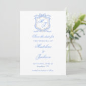 Save The Date Conception aquarelle Blason Monogramme Bleu Mariag (Debout devant)