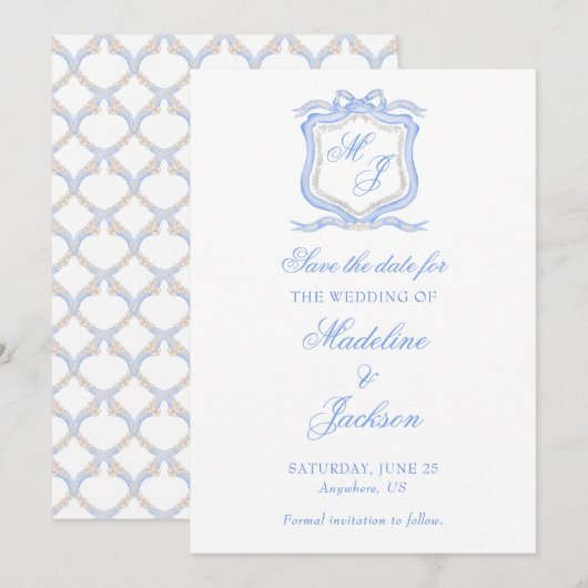 Save The Date Conception aquarelle Blason Monogramme Bleu Mariag (Devant / Derrière)
