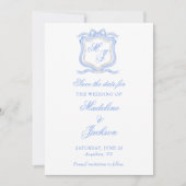Save The Date Conception aquarelle Bleu Monogramme Blason Mariag (Devant)