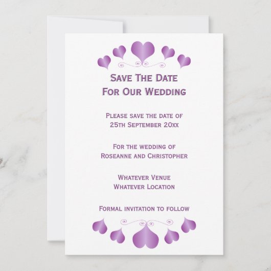 Save The Date Conception de cœurs violets pour un mariage (Devant)