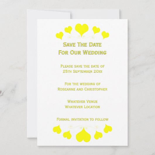 Save The Date Conception de mariage à coeurs jaunes (Devant)
