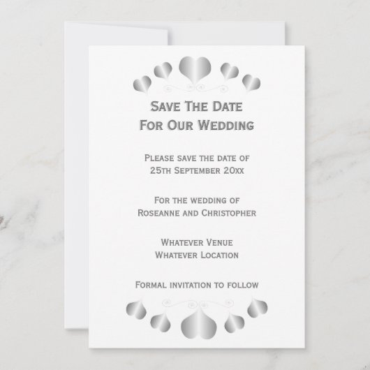 Save The Date Conception de mariage Cœurs d'Argent (Devant)