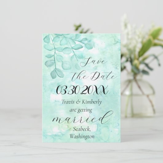 Save The Date Conception élégante d'eucalyptus dans des verts do (Debout devant)