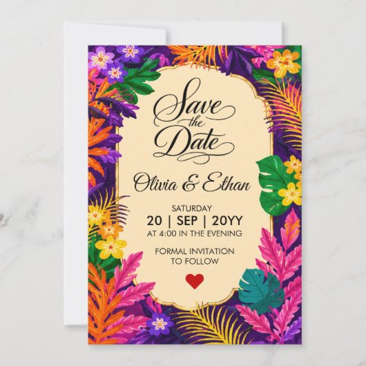 Save The Date Conception Florale Feuilles Tropicales (Devant)