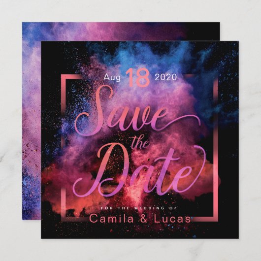 Save The Date Conception vibrante de poudre de Holi (Devant / Derrière)