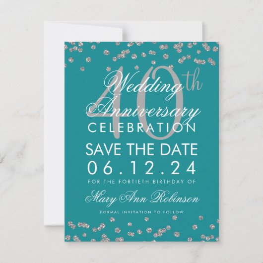 Save The Date Confetti de 40e anniversaire de mariage Teal argen (Devant)