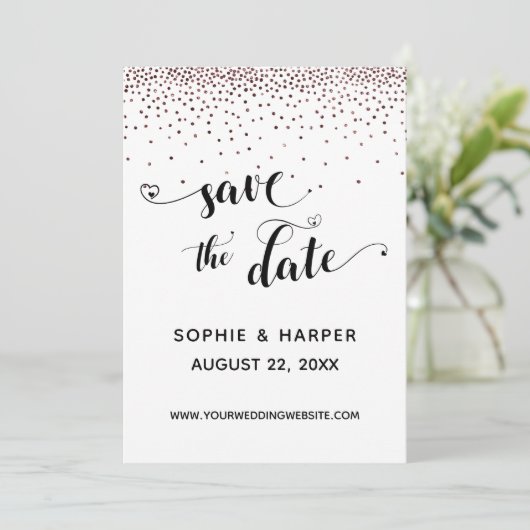 Save The Date Confetti or rose et calligraphie avec Coeurs (Debout devant)