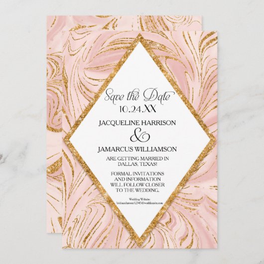 Save The Date Conservez la date Rose Gold Faux Paillettes Marbre (Devant / Derrière)