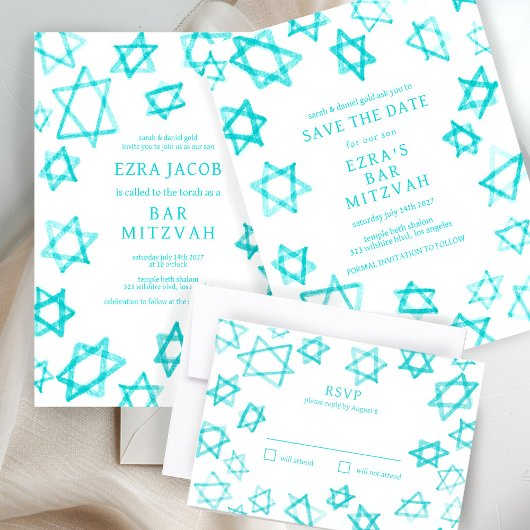 Save The Date Cool aquarelle Aqua Star de David Bar Bat mitzvah