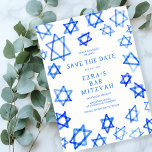 Save The Date Cool aquarelle Blue Star de David Bar Bat mitzvah<br><div class="desc">Carte parfaite pour annoncer la date à venir d'un bat mitzvah, bar mitzvah ou autre célébration juive ! L'aquarelle faite à la main pour vous à l'avant et à l'arrière! ENTIÈREMENT PERSONNALISABLE ! Cliquez sur "Personnaliser" ci-dessus pour modifier le texte. Cliquez sur "modifier à l'aide de l'outil de conception" pour...</div>