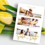 Save The Date Cool Fake Golden Romantic Mariage 3 Multi Photos<br><div class="desc">Cool Fake Golden Effect Romantique Mariage 3 Multi Photos Collage Enregistrer la date avec Envelope. Téléchargeable. Code QR. AVIS IMPORTANT : Ce design fait partie d'une collection et contient d'autres éléments coordonnés que vous pouvez trouver dans mon magasin. Parfois, il peut être difficile d'aesthealign et des textes ou initiales sur...</div>