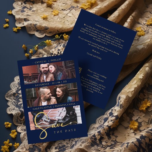 Save The Date Cool Navy Golden Romantic Wedding 3 Multi Photos