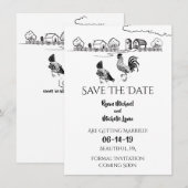 Save The Date Coq, Poule, Mariage à la Ferme Noir et Blanc (Devant / Derrière)