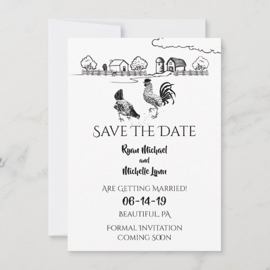 Save The Date Coq, Poule, Mariage à la Ferme Noir et Blanc (Devant)