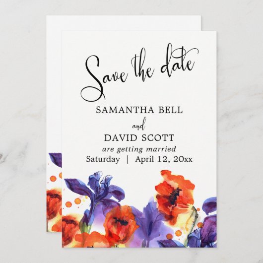 Save The Date Coquelicots rouges, Iris violets Aquarelle Économi (Devant / Derrière)