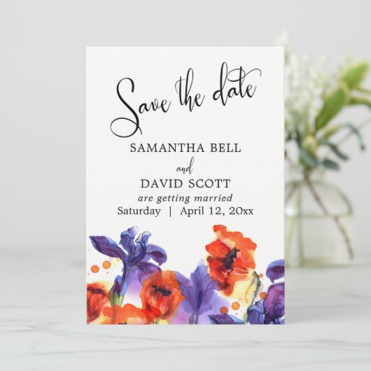 Save The Date Coquelicots Rouges, Iris Violets Aquarelle Faire-P (Debout devant)