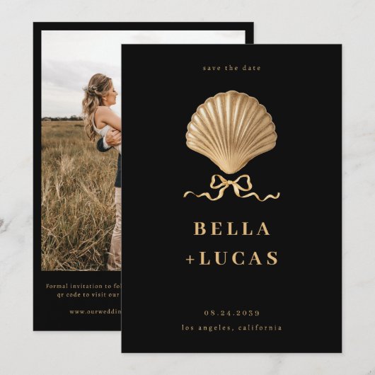 Save The Date Coquillage avec un Bow Gold Beach Destination Mari (Devant / Derrière)