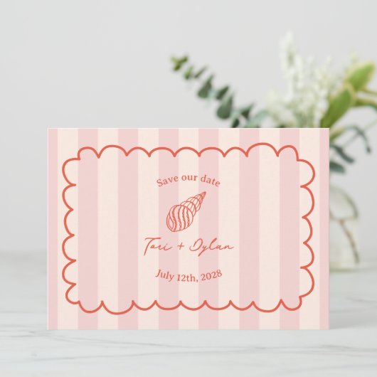 Save The Date Coquillage Tropical Rose Stripe Enregistrer La Dat (Debout devant)
